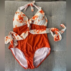 Meet Curve Orange Tie Dye One Piece Swimsuit Halter Sz XL